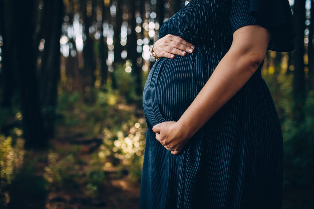 Pregnant woman wearing a blue dress in the forest